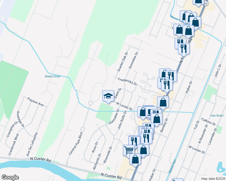 map of restaurants, bars, coffee shops, grocery stores, and more near 653 Dane Drive in Monroe