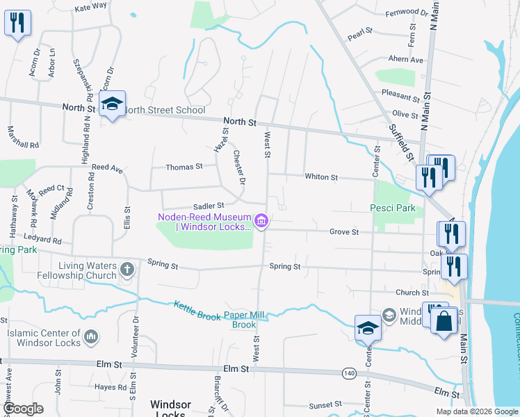 map of restaurants, bars, coffee shops, grocery stores, and more near 207 Reed Avenue in Windsor Locks