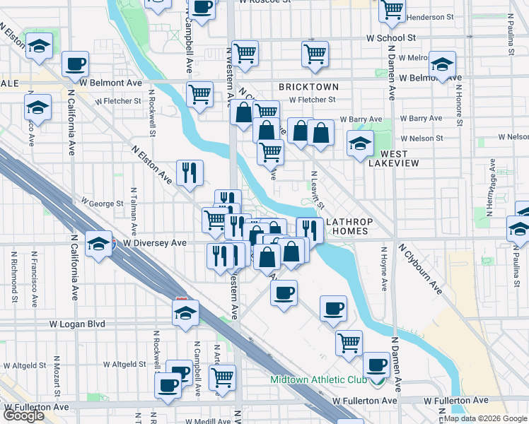 map of restaurants, bars, coffee shops, grocery stores, and more near 2929 North Oakley Avenue in Chicago