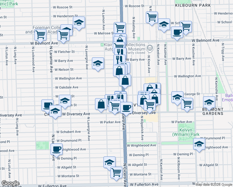 map of restaurants, bars, coffee shops, grocery stores, and more near 4820 West George Street in Chicago