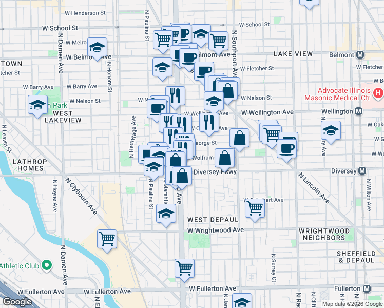 map of restaurants, bars, coffee shops, grocery stores, and more near 1537 West George Street in Chicago