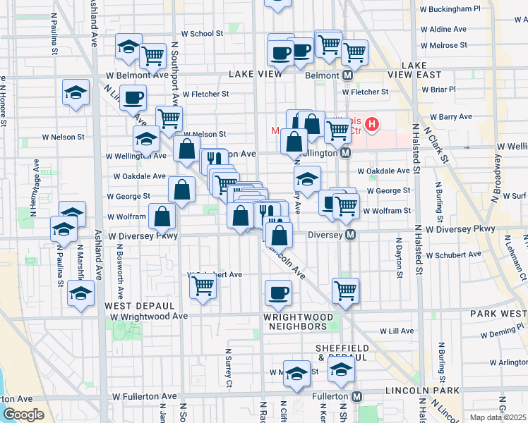 map of restaurants, bars, coffee shops, grocery stores, and more near 2835 North Racine Avenue in Chicago