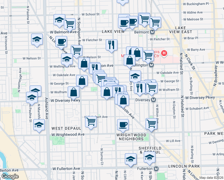 map of restaurants, bars, coffee shops, grocery stores, and more near 2849 North Racine Avenue in Chicago