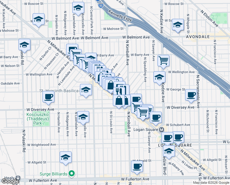 map of restaurants, bars, coffee shops, grocery stores, and more near 2922 North Wisner Avenue in Chicago
