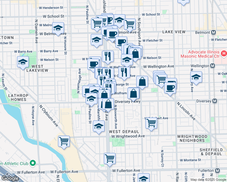 map of restaurants, bars, coffee shops, grocery stores, and more near 1537 West George Street in Chicago