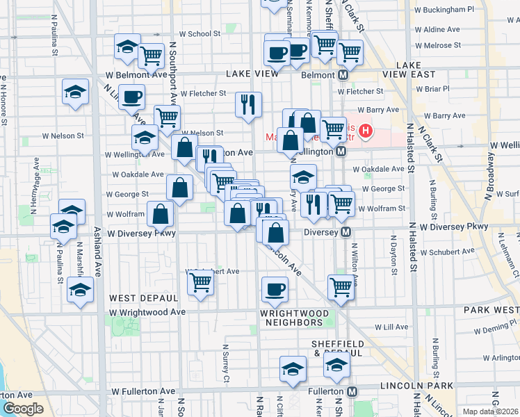 map of restaurants, bars, coffee shops, grocery stores, and more near 2835 North Racine Avenue in Chicago