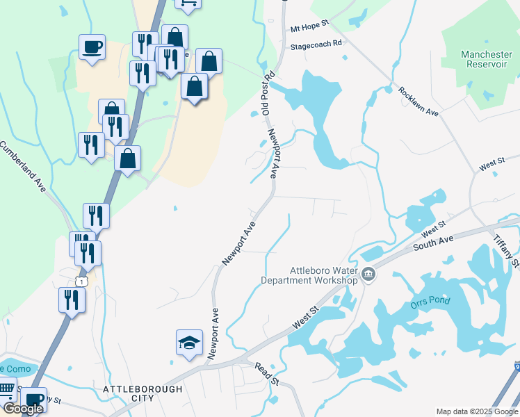 map of restaurants, bars, coffee shops, grocery stores, and more near 41 Newport Avenue in Attleboro