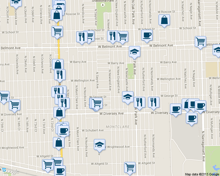 map of restaurants, bars, coffee shops, grocery stores, and more near 5256 W Oakdale Ave in Chicago