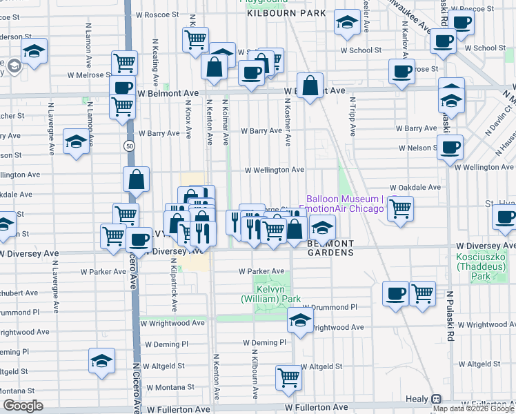 map of restaurants, bars, coffee shops, grocery stores, and more near 2916 North Kilbourn Avenue in Chicago