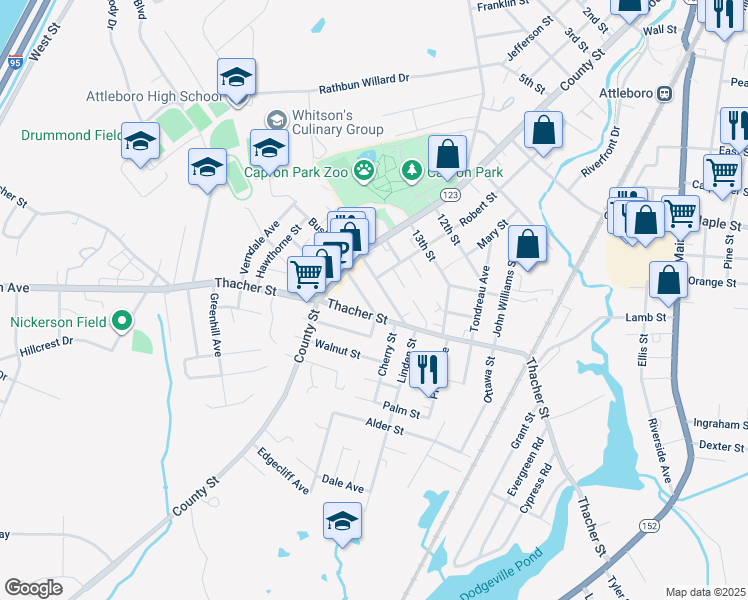 map of restaurants, bars, coffee shops, grocery stores, and more near 31 Lexington Avenue in Attleboro