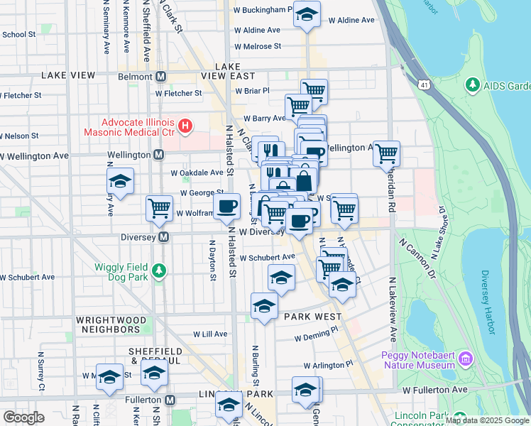 map of restaurants, bars, coffee shops, grocery stores, and more near 2848 North Orchard Street in Chicago