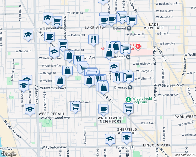 map of restaurants, bars, coffee shops, grocery stores, and more near 2849 North Racine Avenue in Chicago