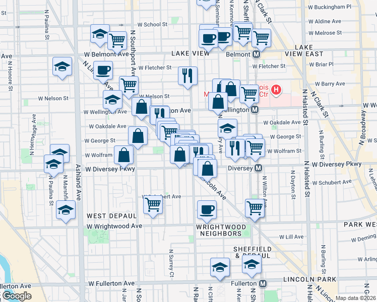 map of restaurants, bars, coffee shops, grocery stores, and more near 2849 North Racine Avenue in Chicago