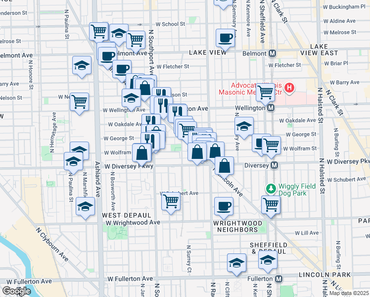 map of restaurants, bars, coffee shops, grocery stores, and more near 1303 West George Street in Chicago