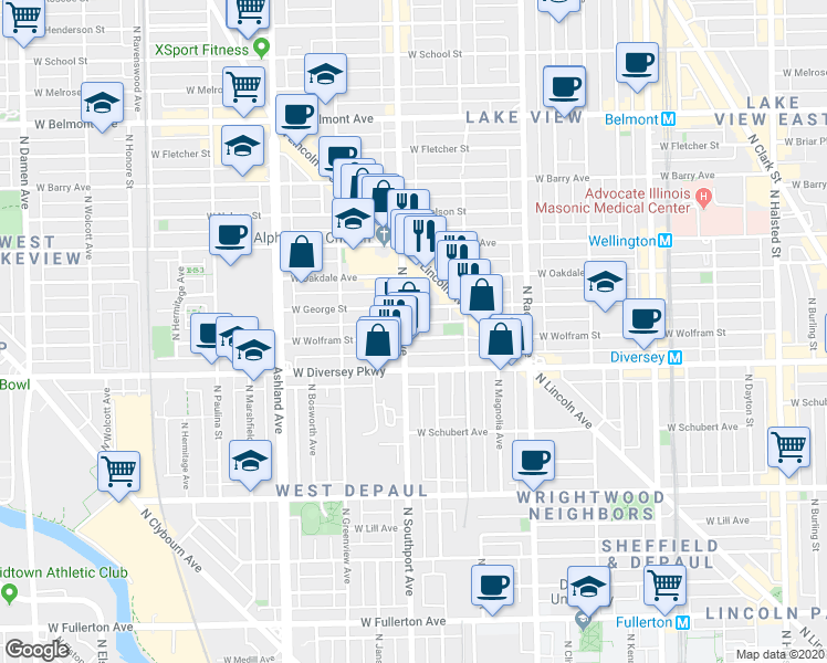 map of restaurants, bars, coffee shops, grocery stores, and more near 1343 West George Street in Chicago