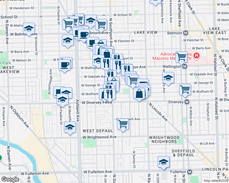 map of restaurants, bars, coffee shops, grocery stores, and more near 1343 West George Street in Chicago