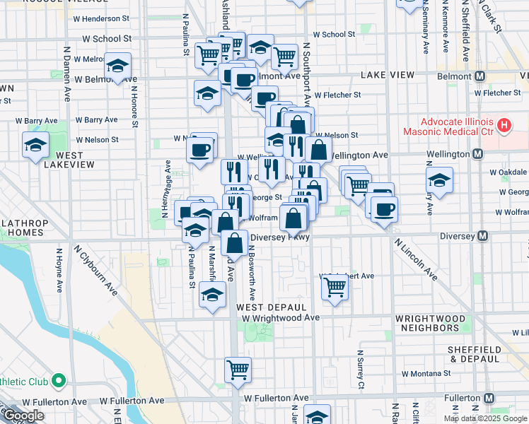 map of restaurants, bars, coffee shops, grocery stores, and more near 2853 North Greenview Avenue in Chicago