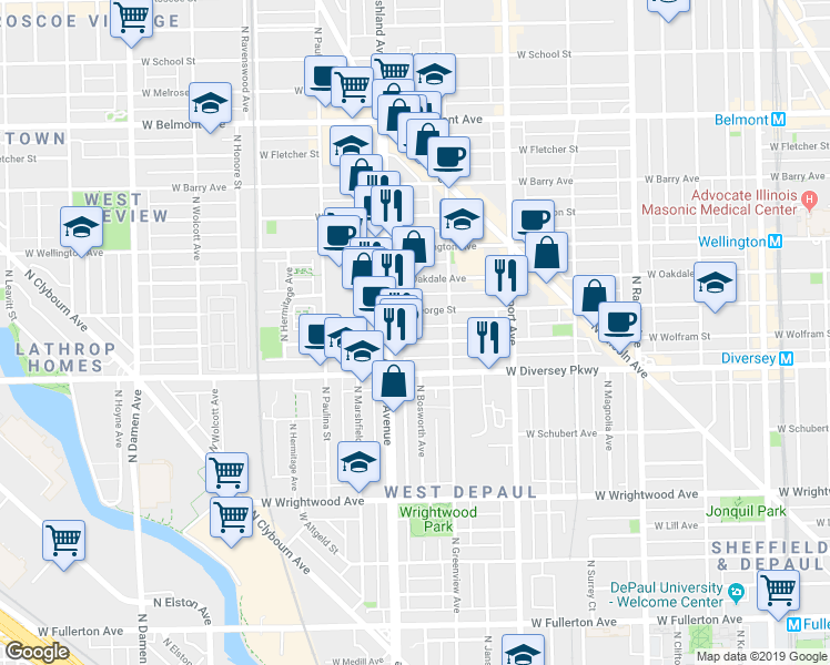 map of restaurants, bars, coffee shops, grocery stores, and more near 1537 West George Street in Chicago
