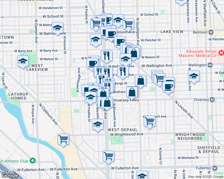 map of restaurants, bars, coffee shops, grocery stores, and more near 1537 West George Street in Chicago