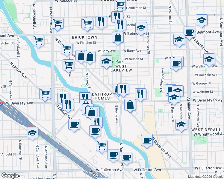 map of restaurants, bars, coffee shops, grocery stores, and more near 2029 West George Street in Chicago