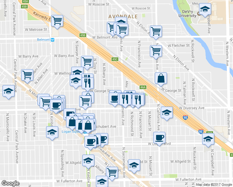 map of restaurants, bars, coffee shops, grocery stores, and more near 3022 West George Street in Chicago