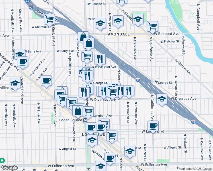 map of restaurants, bars, coffee shops, grocery stores, and more near 2909 North Albany Avenue in Chicago