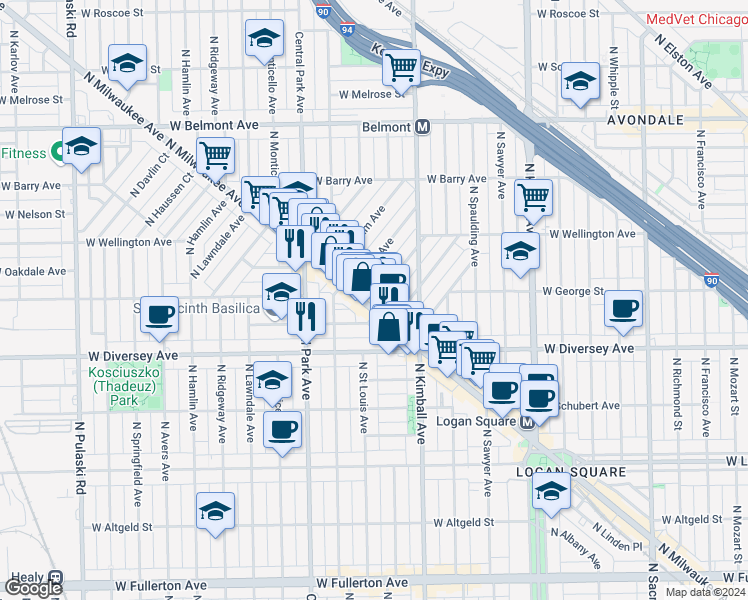 map of restaurants, bars, coffee shops, grocery stores, and more near 2922 North Wisner Avenue in Chicago