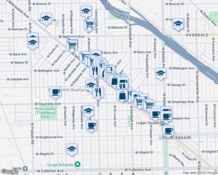map of restaurants, bars, coffee shops, grocery stores, and more near 2931 North Milwaukee Avenue in Chicago