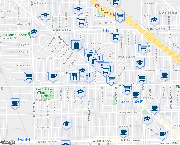 map of restaurants, bars, coffee shops, grocery stores, and more near 2905 North Central Park Avenue in Chicago