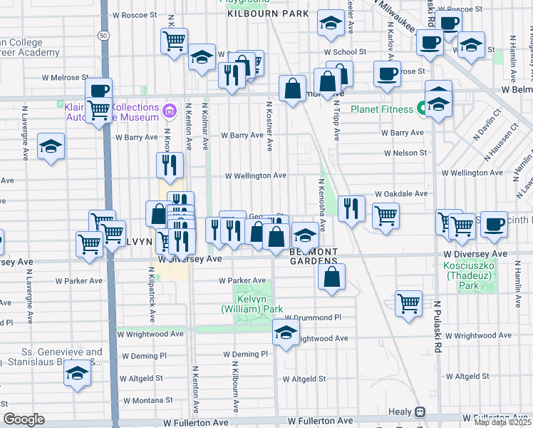 map of restaurants, bars, coffee shops, grocery stores, and more near 2913 North Kostner Avenue in Chicago
