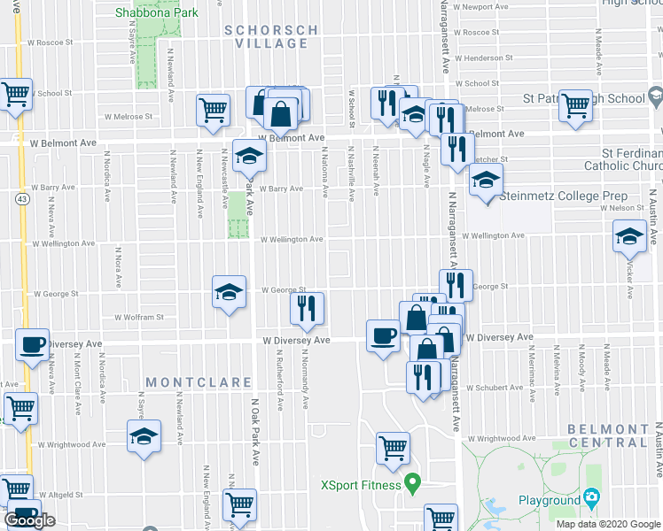 map of restaurants, bars, coffee shops, grocery stores, and more near 2938 North Natoma Avenue in Chicago