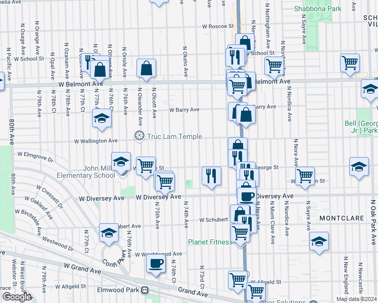 map of restaurants, bars, coffee shops, grocery stores, and more near 2934 North 74th Avenue in Elmwood Park