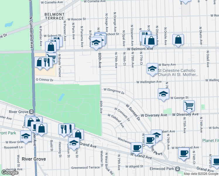map of restaurants, bars, coffee shops, grocery stores, and more near 7927 West Wellington Avenue in Elmwood Park