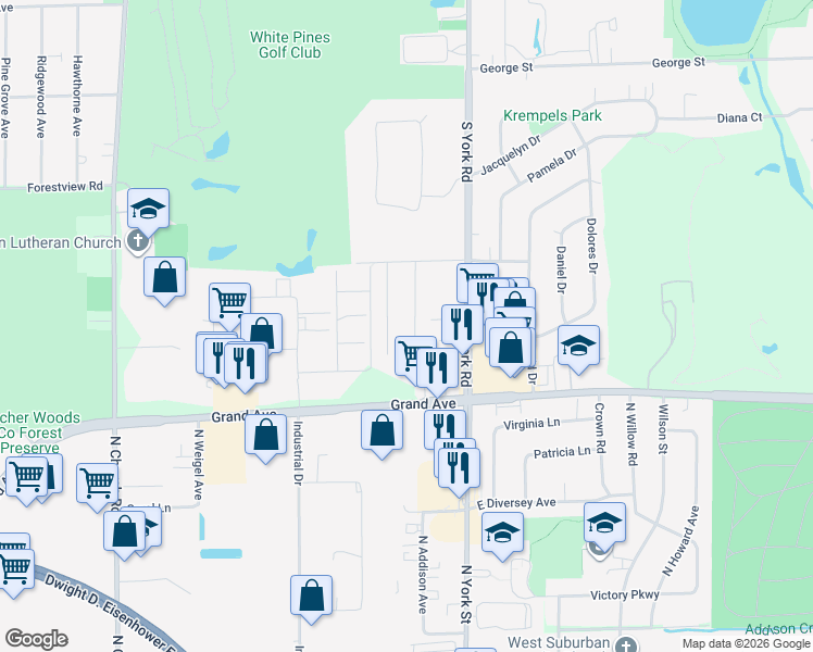 map of restaurants, bars, coffee shops, grocery stores, and more near 1036 Center Street in Bensenville