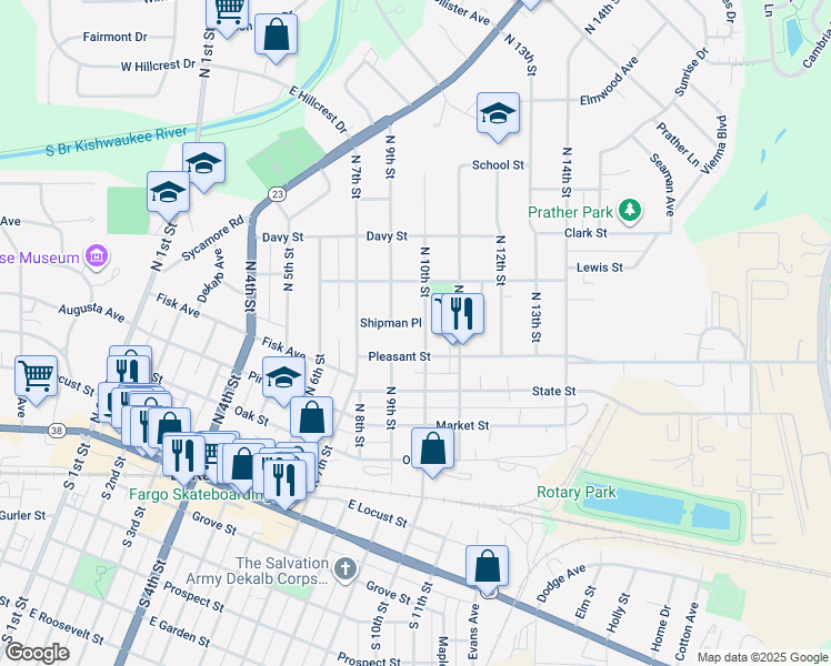 map of restaurants, bars, coffee shops, grocery stores, and more near 925 Shipman Place in DeKalb