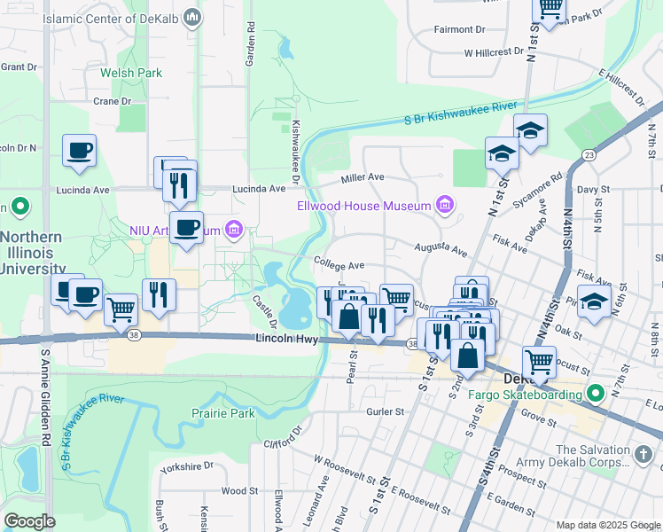 map of restaurants, bars, coffee shops, grocery stores, and more near 515 College Avenue in DeKalb