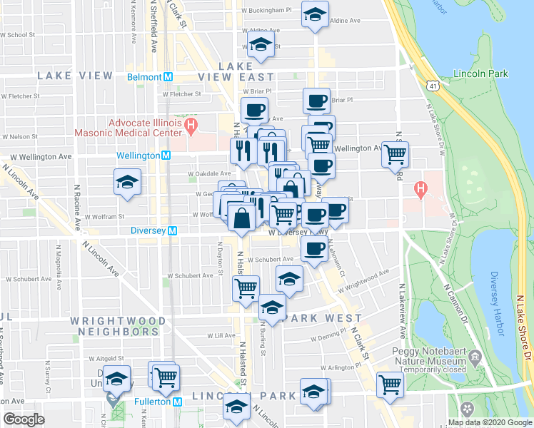 map of restaurants, bars, coffee shops, grocery stores, and more near 2842 North Burling Street in Chicago