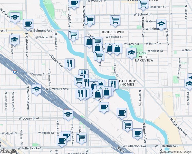 map of restaurants, bars, coffee shops, grocery stores, and more near 2929 North Oakley Avenue in Chicago