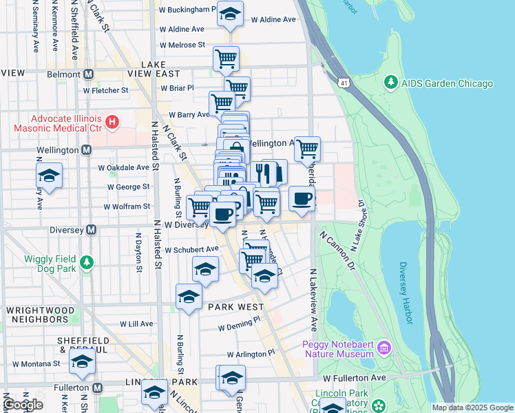 map of restaurants, bars, coffee shops, grocery stores, and more near 2820 North Cambridge Avenue in Chicago