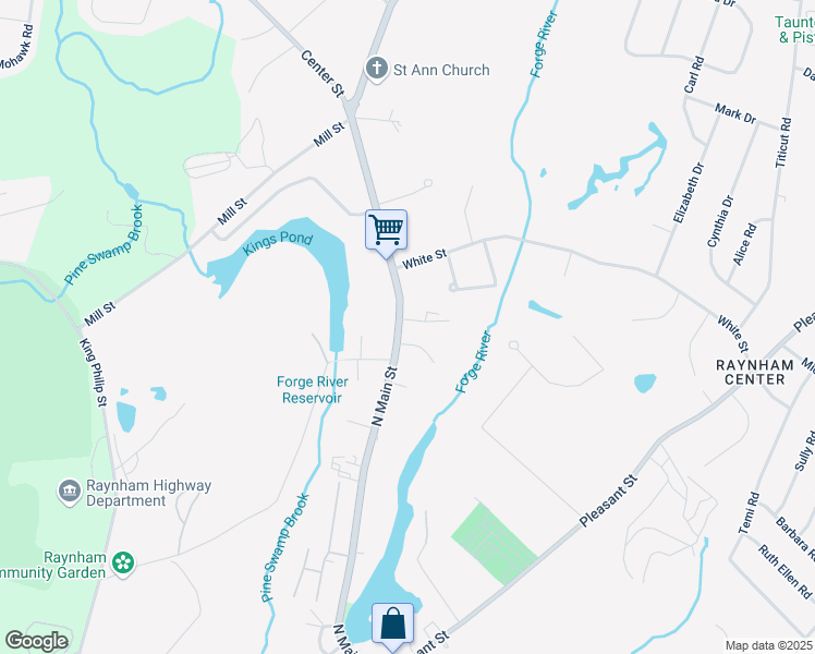 map of restaurants, bars, coffee shops, grocery stores, and more near 419 North Main Street in Raynham