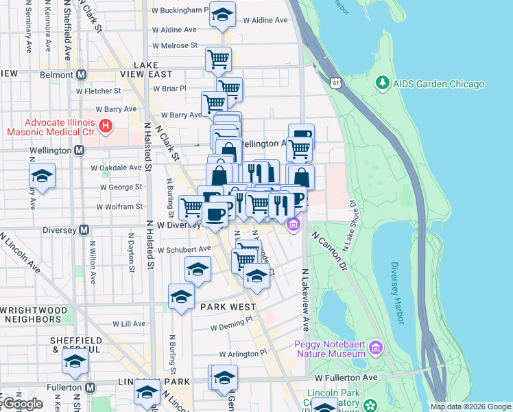map of restaurants, bars, coffee shops, grocery stores, and more near 501 West Surf Street in Chicago