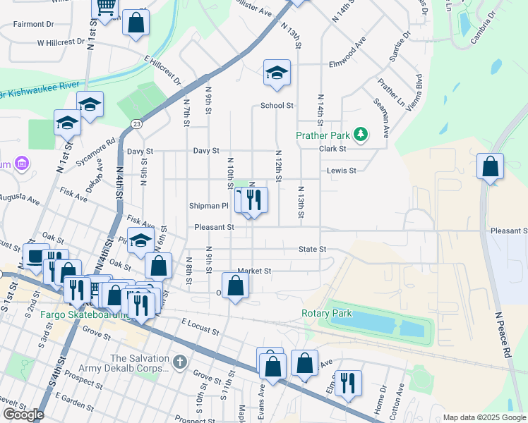 map of restaurants, bars, coffee shops, grocery stores, and more near 633 North 12th Street in DeKalb