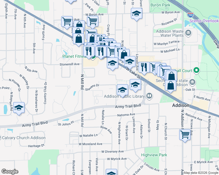 map of restaurants, bars, coffee shops, grocery stores, and more near 414 Highview Avenue in Addison