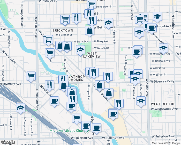map of restaurants, bars, coffee shops, grocery stores, and more near in Chicago