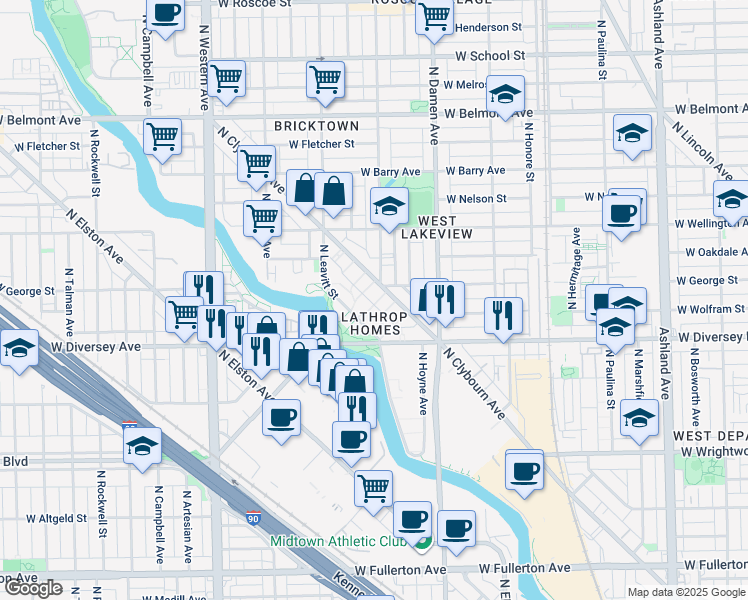 map of restaurants, bars, coffee shops, grocery stores, and more near 2904 North Clybourn Avenue in Chicago