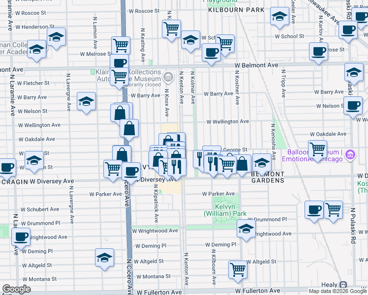map of restaurants, bars, coffee shops, grocery stores, and more near 2916 North Kolmar Avenue in Chicago