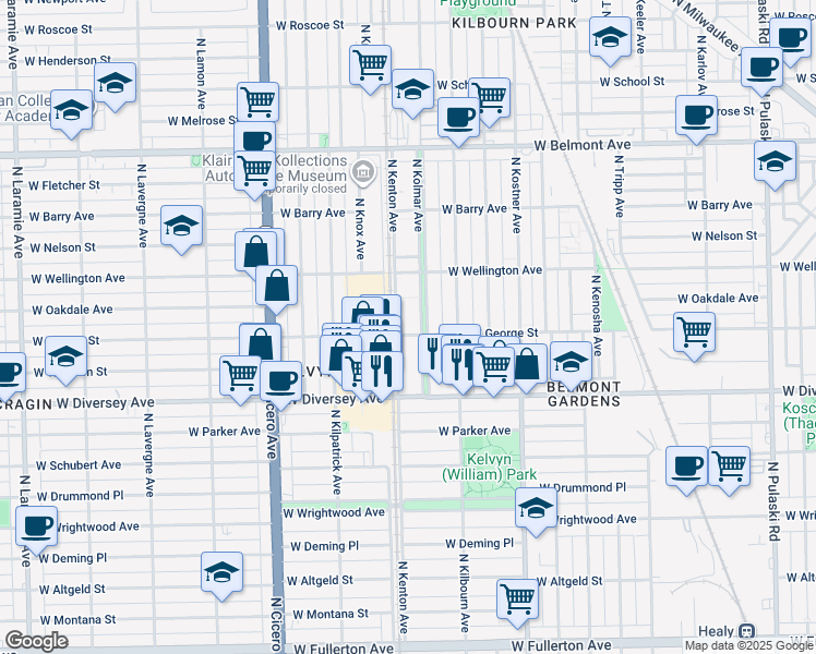 map of restaurants, bars, coffee shops, grocery stores, and more near 4558 West George Street in Chicago