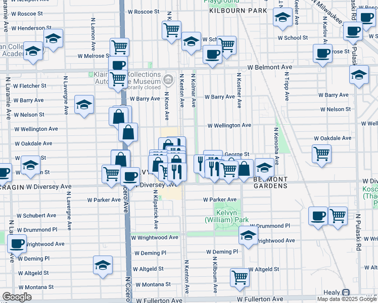 map of restaurants, bars, coffee shops, grocery stores, and more near 4566 West George Street in Chicago