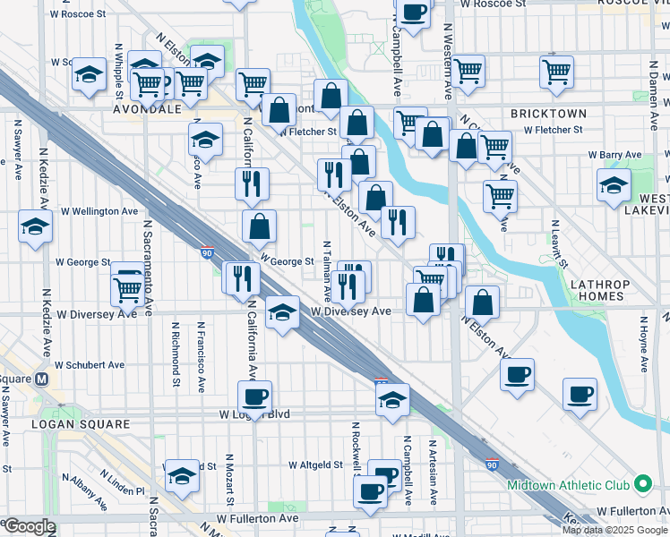 map of restaurants, bars, coffee shops, grocery stores, and more near 2900 North Rockwell Street in Chicago