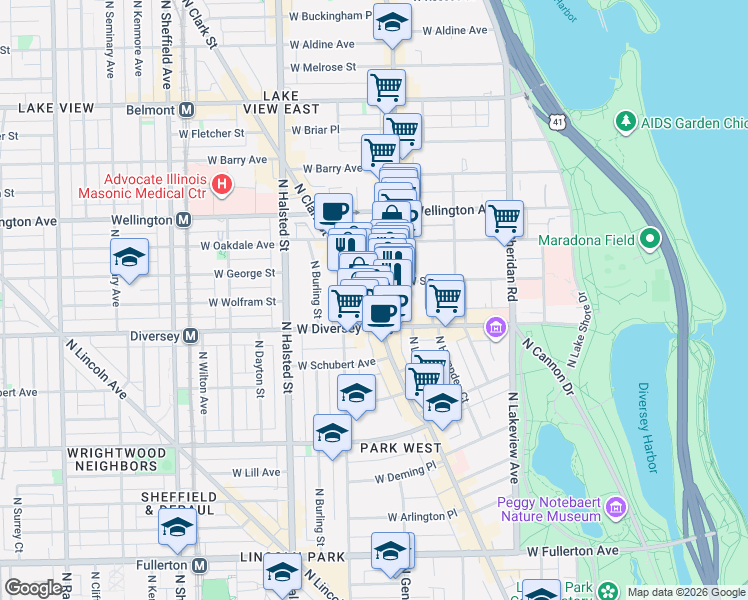 map of restaurants, bars, coffee shops, grocery stores, and more near 2827 North Clark Street in Chicago